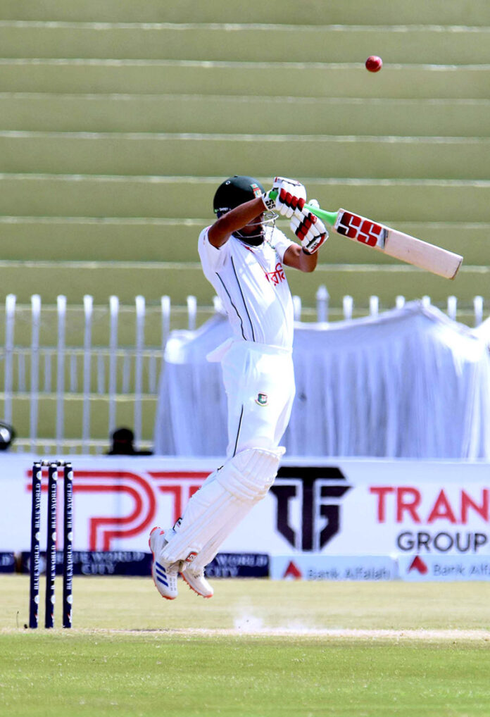 Bangladesh batter Najmul Hossain Shanto in action during the 3rd day of the 1st Test cricket match playing between Pakistan and Bangladesh at Pindi Cricket Stadium