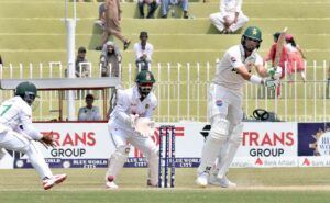 Pakistani batsman Mohammad Rizwan plays shot during the final day of the 1st Test cricket match between Pakistan and Bangladesh teams at the Rawalpindi Cricket Stadium.