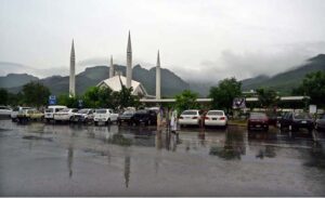 The Faisal Masjid with a beautiful view of the clouds hovering over the Margalla Hills in Federal Capital.