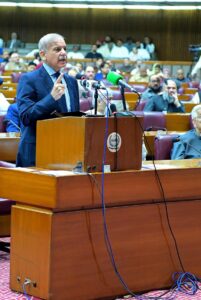 Prime Minister Muhammad Shehbaz Sharif addressing National Assembly Session on situation in Palestine.