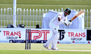 Bangladesh batter Najmul Hossain Shanto in action during the 3rd day of the 1st Test cricket match playing between Pakistan and Bangladesh at Pindi Cricket Stadium