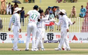 Pakistani batsman Mohammad Rizwan plays shot during the final day of the 1st Test cricket match between Pakistan and Bangladesh teams at the Rawalpindi Cricket Stadium.