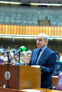 Prime Minister Muhammad Shehbaz Sharif addressing National Assembly Session on situation in Palestine.