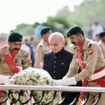 Prime Minister Muhammad Shehbaz Sharif laying a floral wreath at the Yadgar-e-Shuhada in the Pakistan Monument on the 78th Independence Day