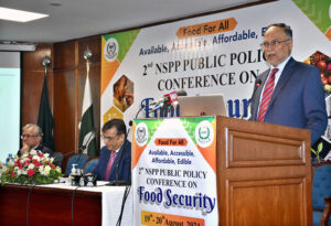 Federal Minister for Planning and Development Ahsan Iqbal addressing the conference on food security SPP (National School of Public Policy) during the opening ceremony.