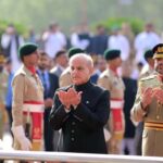 Prime Minister Muhammad Shehbaz Sharif laying a floral wreath at the Yadgar-e-Shuhada in the Pakistan Monument on the 78th Independence Day