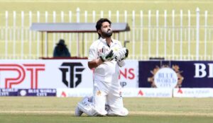 Pakistani batsman Mohammad Rizwan thanked God after scoring century (100 runs) during the 2nd day of 1st Test cricket match between Pakistan and Bangladesh teams at the Rawalpindi Cricket Stadium