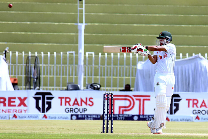 Bangladesh batter Najmul Hossain Shanto in action during the 3rd day of the 1st Test cricket match playing between Pakistan and Bangladesh at Pindi Cricket Stadium