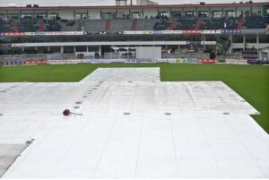 A view of the covered pitch at Pindi Cricket Stadium during heavy rain as 2nd Test match between Pakistan and Bangladesh called off due to rain that experienced in the twin cities.