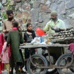 A vendor displaying roasted sweet potatoes (Shakarkandi) to attract the customers on roadside