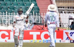 Pakistani batsman Mohammad Rizwan thanked God after scoring century (100 runs) during the 2nd day of 1st Test cricket match between Pakistan and Bangladesh teams at the Rawalpindi Cricket Stadium