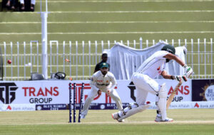 Bangladesh batter Najmul Hossain Shanto in action during the 3rd day of the 1st Test cricket match playing between Pakistan and Bangladesh at Pindi Cricket Stadium
