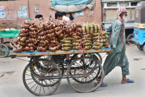 An elderly person pulling handcart loaded with bangles at Hirabad.