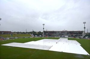 A view of the covered pitch at Pindi Cricket Stadium during heavy rain as 2nd Test match between Pakistan and Bangladesh called off due to rain that experienced in the twin cities.