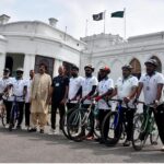 Governor Punjab Sardar Salim Haider Khan sending off the participants of the Sports Cycle Rally on the occasion of the Independence Day of Pakistan President Asif Ali Zardari