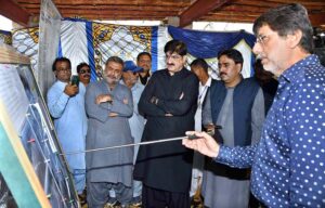 Sindh Chief Minister Syed Murad Ali Shah talking to media persons after inspecting the Moria loop bund of right bank of Indus River.