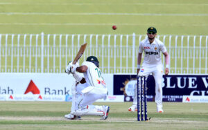 Bangladesh batter Najmul Hossain Shanto in action during the 3rd day of the 1st Test cricket match playing between Pakistan and Bangladesh at Pindi Cricket Stadium