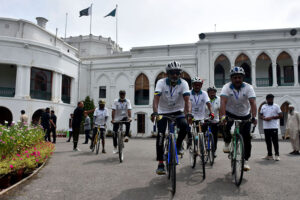Governor Punjab Sardar Salim Haider Khan sending off the participants of the Sports Cycle Rally on the occasion of the Independence Day of Pakistan President Asif Ali Zardari