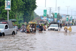 A view of rain water at Committee Chowk Jhang Road blocked due to heavy downpour