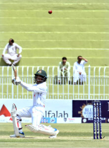Bangladesh batter Najmul Hossain Shanto in action during the 3rd day of the 1st Test cricket match playing between Pakistan and Bangladesh at Pindi Cricket Stadium