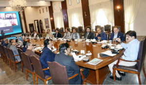 Sindh Chief Minister Syed Murad Ali Shah presides over a rain-emergency meeting at CM House.