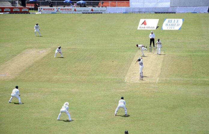 Pakistani batsman Saud Shakeel plays shot during the 2nd day of the 1st Test cricket match between Pakistan and Bangladesh teams at the Rawalpindi Cricket Stadium