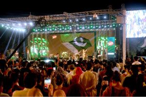 Olympic Gold Medalist Arshad Nadeem addressing a public gathering during firework celebration of Independence Day of Pakistan at F-9 Park