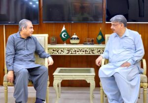 Interior Minister Mohsin Naqvi in a meeting with the Prime Minister of Azad Jammu and Kashmir Chaudhary Anwar-ul-Haq.