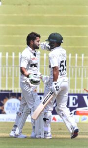 Pakistani batsman Saud Shakeel plays shot during the 2nd day of the 1st Test cricket match between Pakistan and Bangladesh teams at the Rawalpindi Cricket Stadium