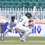 Pakistan batter Saim Ayub escapes of a bouncing ball during the second day of the last cricket Test match playing between Pakistan and Bangladesh at Pindi Cricket Stadium