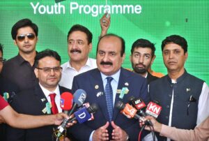 Chairman Prime Minister's Youth Programme Rana Mashhood Ahmed Khan talking to media during the Youth Festival organized to celebrate International Youth Day 2024 at Pak China Friendship Center.