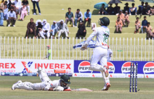 Pakistan batter Saim Ayub escapes of a bouncing ball during the second day of the last cricket Test match playing between Pakistan and Bangladesh at Pindi Cricket Stadium