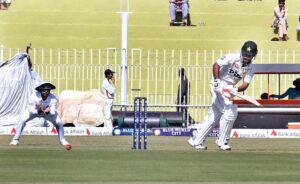 Bangladesh players celebrates after taking the wicket of Pakistani batsman Abdullah Shafique during the first day of the 1st Test cricket match between Pakistan and Bangladesh teams at the Rawalpindi Cricket Stadium.