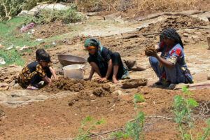 Women busy in preparing the dung cakes to use as fuel for domestic fires in outskirts area in the city