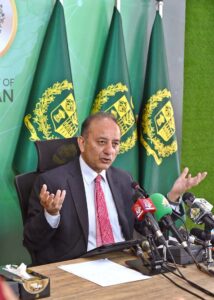 Federal Minister for Petroleum Senator Musadik Malik addressing a press conference at PTV Headquarters.