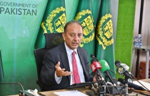 Federal Minister for Petroleum Senator Musadik Malik addressing a press conference at PTV Headquarters.