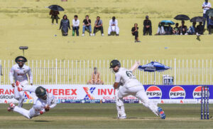 Bangladesh players celebrating the wicket of Pakistan’s Saud Shakeel during the second day of last cricket Test match between Pakistan and Bangladesh at Pindi Cricket Stadium