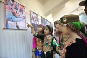 Students are performing tableau on the occasion of Youm-e-Istehsal Kashmir (Exploitation Day) organized by Education Department at Sargodha Arts Council