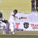Bangladesh batsman Shadman Islam in full swing during 3rd day of the 1st Test match between Pakistan and Bangladesh at Pindi Cricket Stadium in the twin cities