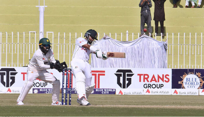 Bangladesh batsman Shadman Islam in full swing during 3rd day of the 1st Test match between Pakistan and Bangladesh at Pindi Cricket Stadium in the twin cities