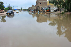 A view of rain water accumulated at Eid Gah after heavy rain in the city.