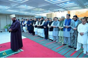 Prime Minister Muhammad Shehbaz Sharif and Parliamentarians offering funeral prayer of Shaheed Ismail Haniyeh.