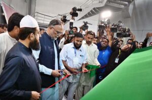 Federal Minister for planning and Development Ahsan Iqbal talking to the media after inaugurating Food Asia international Trade fair at Expo Center.