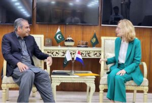 Interior Minister Mohsin Naqvi in a meeting with Ambassador of Netherlands Henny de Vries.