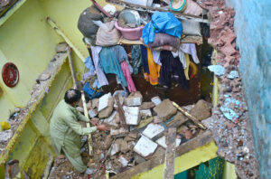 A view of the roof of a house collapsed due to heavy rain in the Old Vegetable Market area, resulting in the death of one child and injuries to four people.