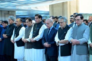 Prime Minister Muhammad Shehbaz Sharif and Parliamentarians offering funeral prayer of Shaheed Ismail Haniyeh.