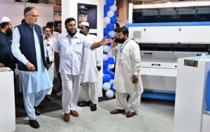Federal Minister for planning and Development Ahsan Iqbal talking to the media after inaugurating Food Asia international Trade fair at Expo Center.