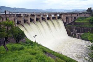 A view of the spillways of the Rawal Dam being opened, this measure is being taken as a precaution due to rising water levels in the dam caused by recent heavy rains.