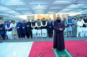 Prime Minister Muhammad Shehbaz Sharif and Parliamentarians offering funeral prayer of Shaheed Ismail Haniyeh.