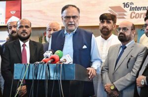 Federal Minister for planning and Development Ahsan Iqbal talking to the media after inaugurating Food Asia international Trade fair at Expo Center.